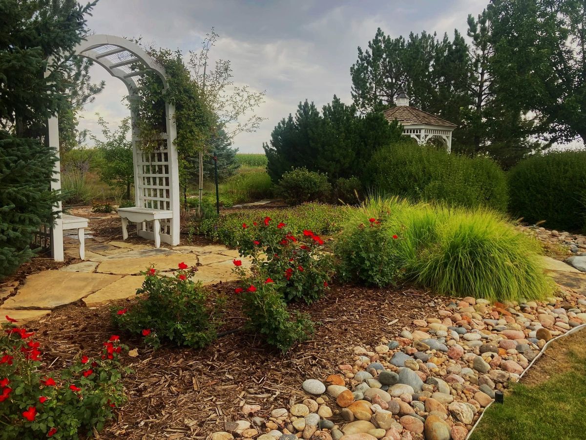 White arbor over a flagstone path with river rock, red roses and ornamental grass